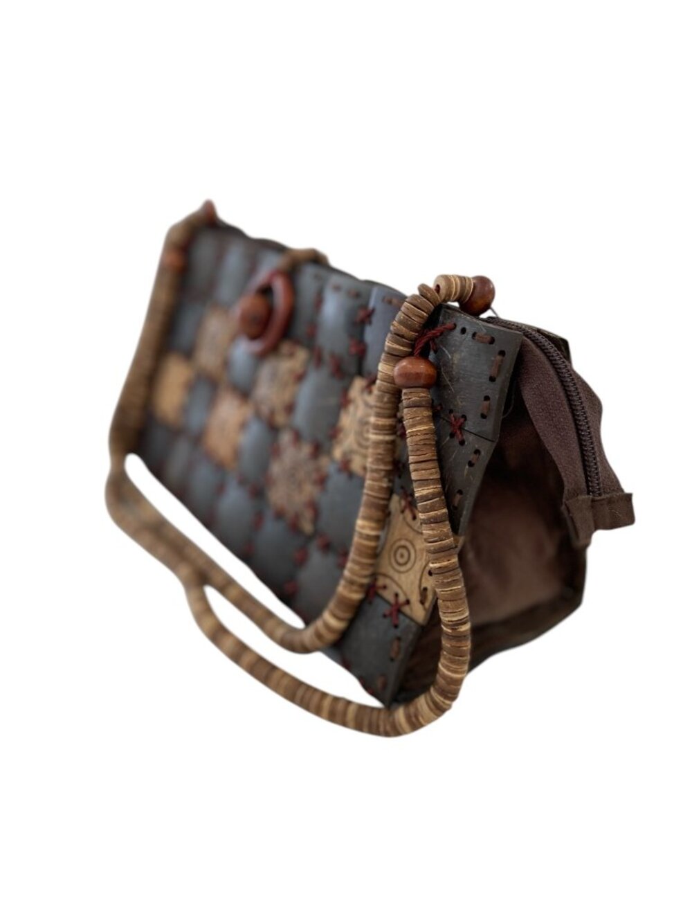 Statement unique Purse Coconut Shell & Wood Purse With Red Stitching & Zipper Cl